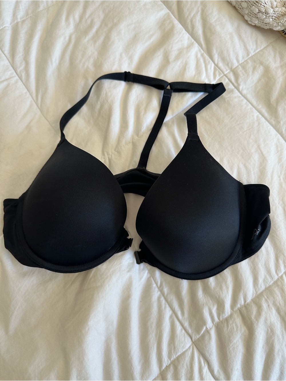 PINK Victoria's Secret Black T-Back Molded Push-Up Bra close front racer back